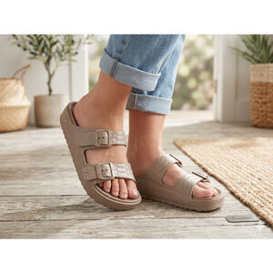 Skechers Luxe Foam Taupe Snake Print Buckle Slides Women’s Size 8 Sandals